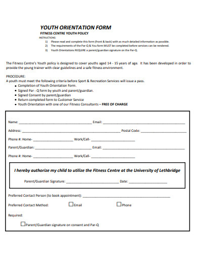 youth orientation form template