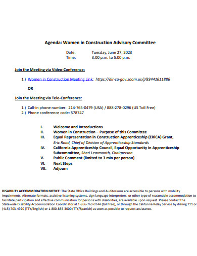 construction advisory committee meeting agenda template