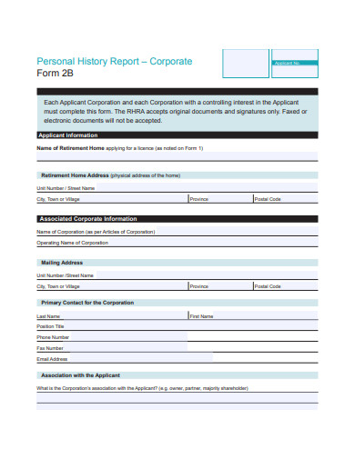 corporate personal history report form template