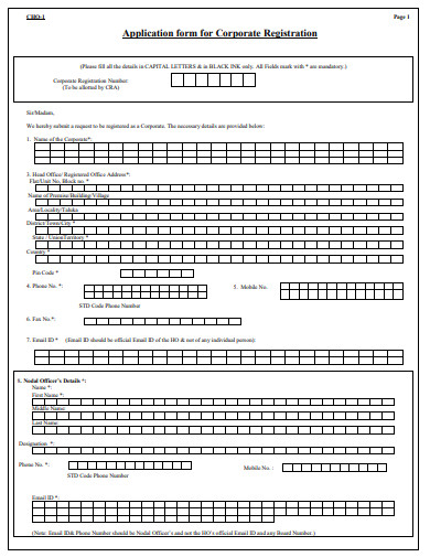 corporate registration application form template