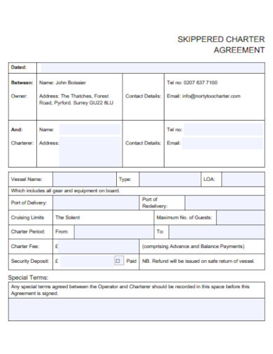 sample skippered charter agreement template