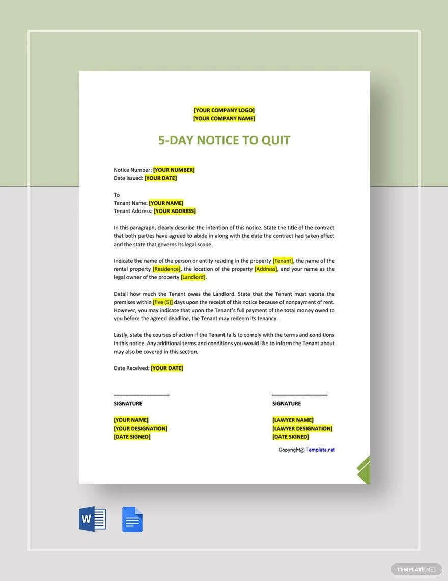 5 day notice to quit letter template