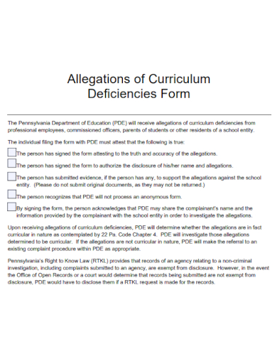 allegations of curriculum deficiencies form template