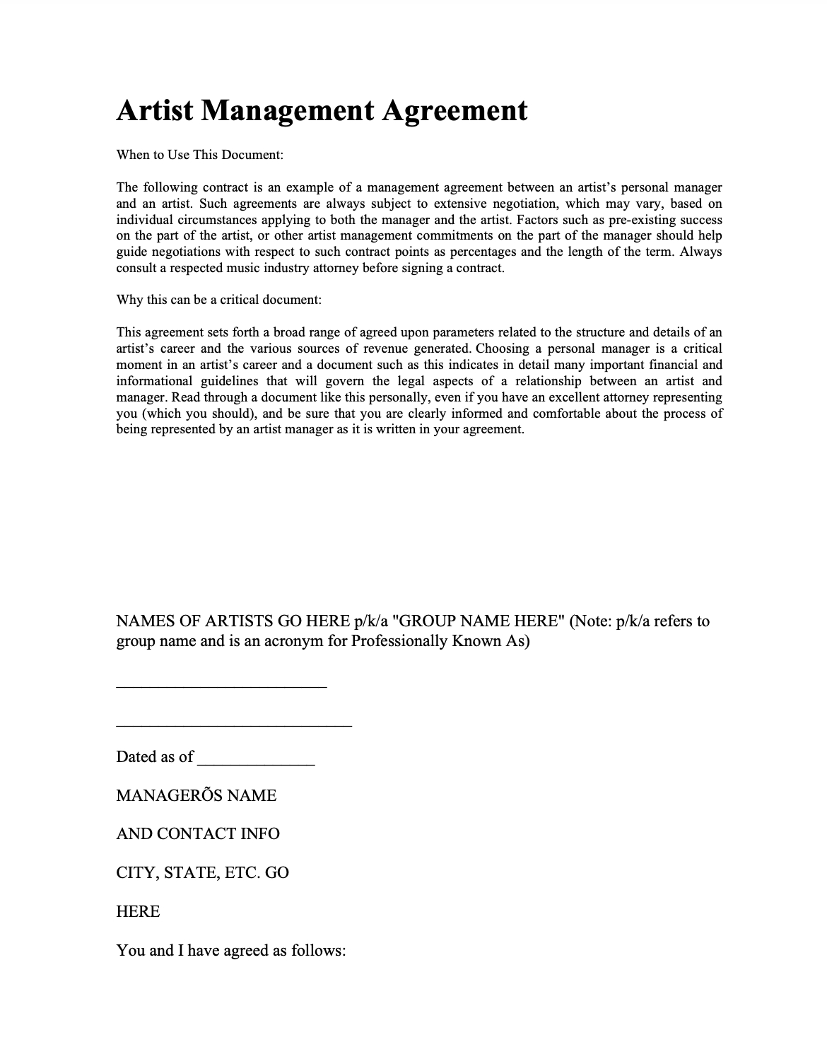 artist management agreement