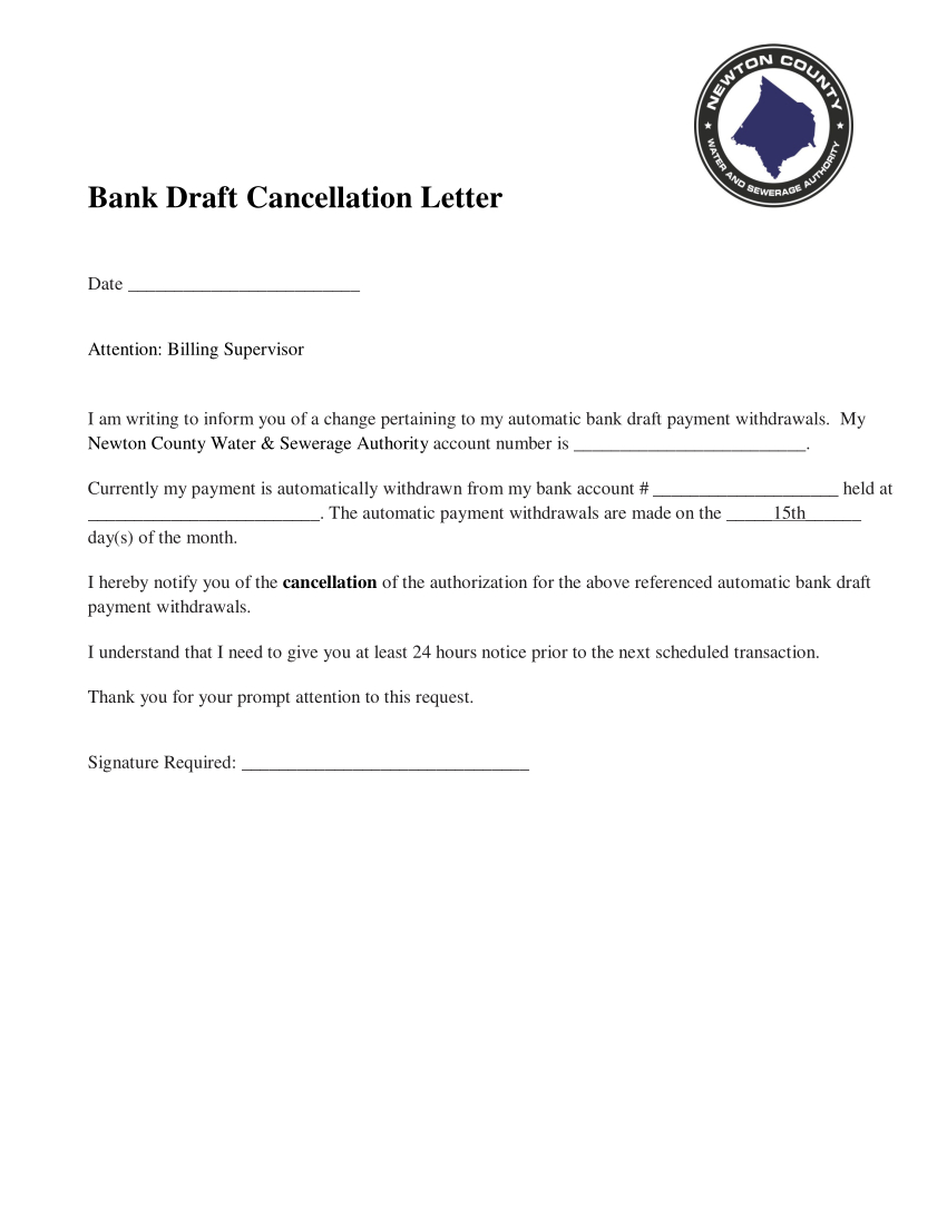 bank cancellation letter template