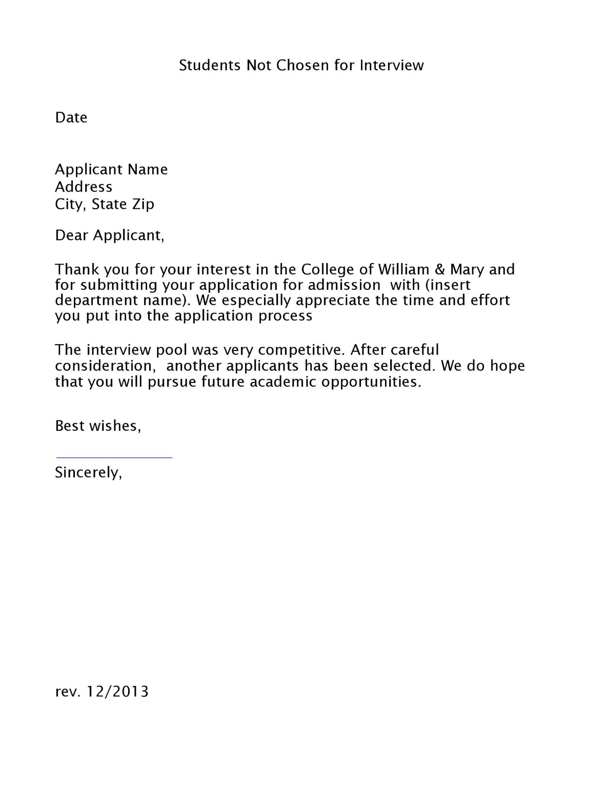 college student admission rejection letter