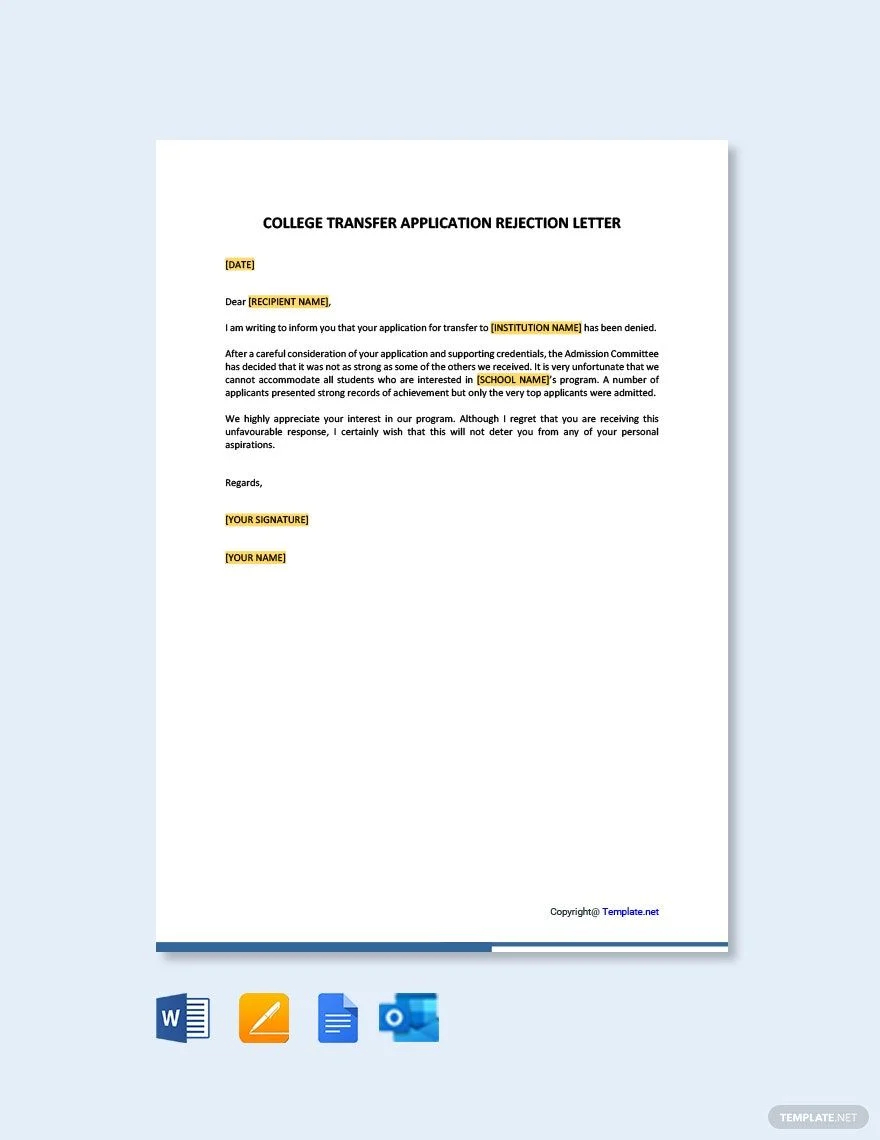 college transfer application rejection letter template