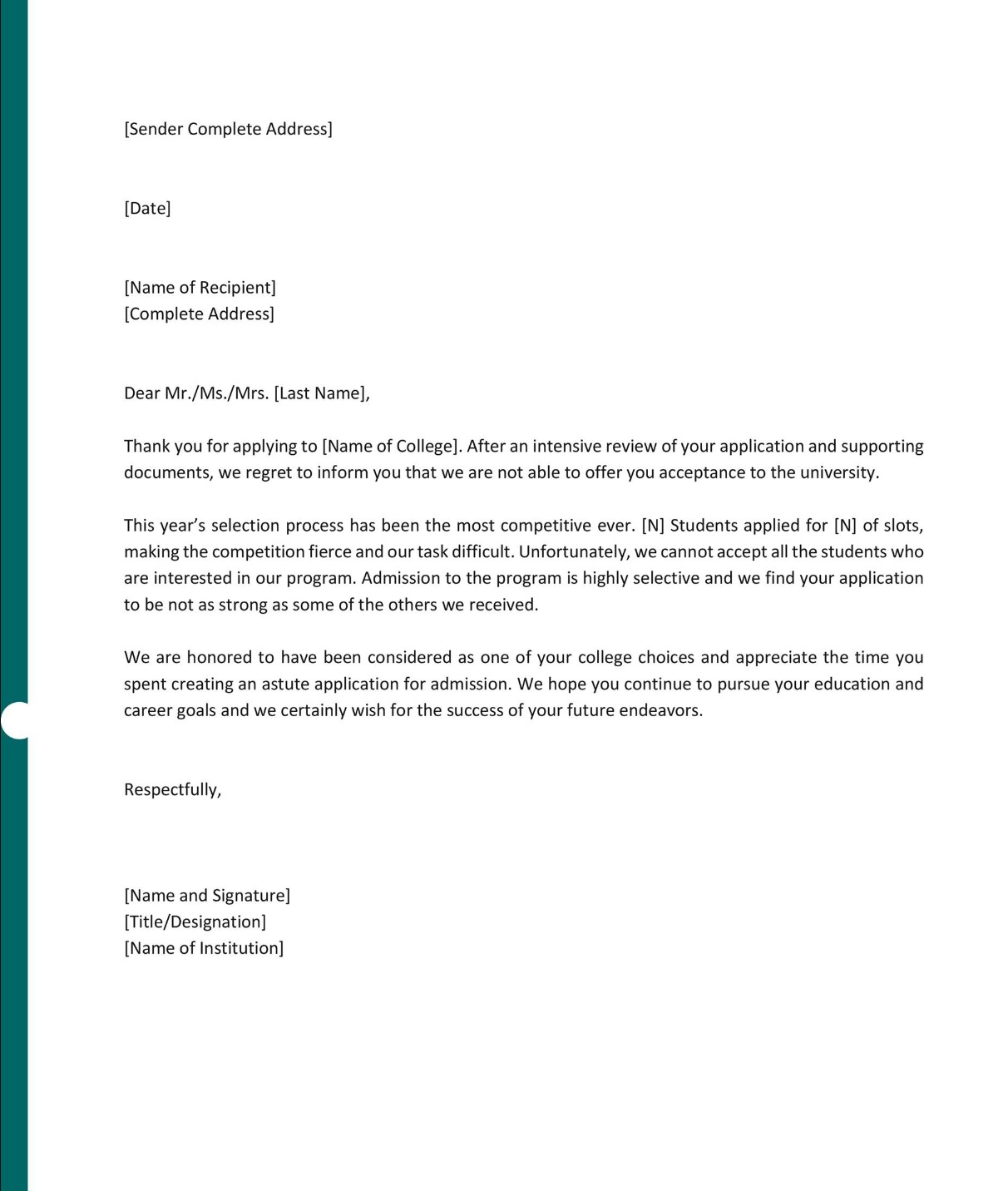 college university rejection letter template