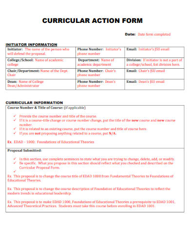 curriculum action form template