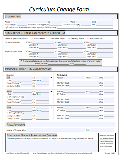 curriculum change form template