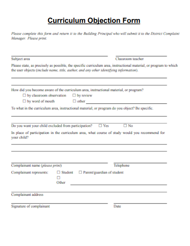 curriculum objection form template
