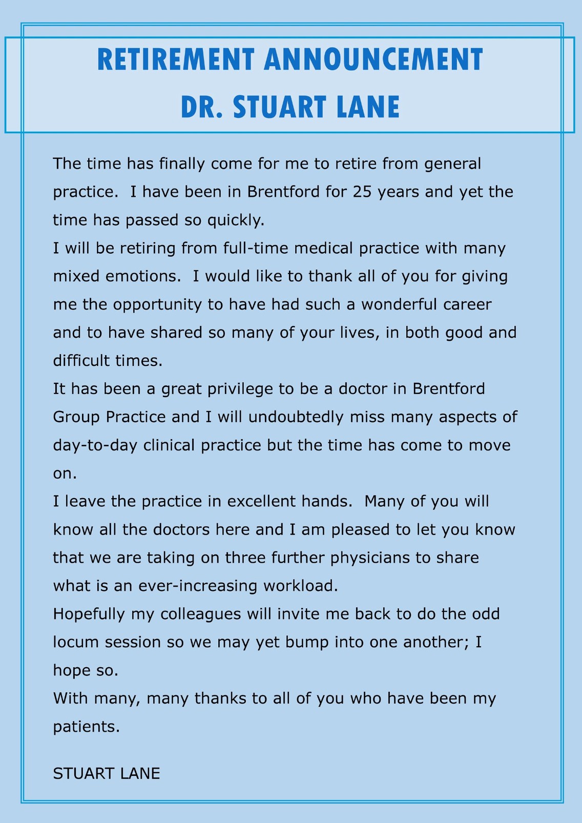 doctor retirement announcement letter