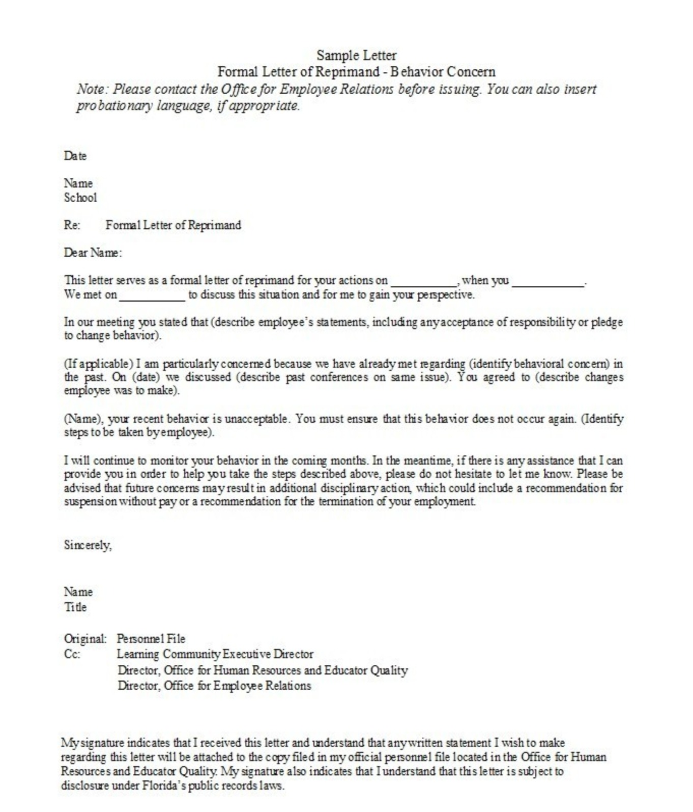 formal letter of reprimand template