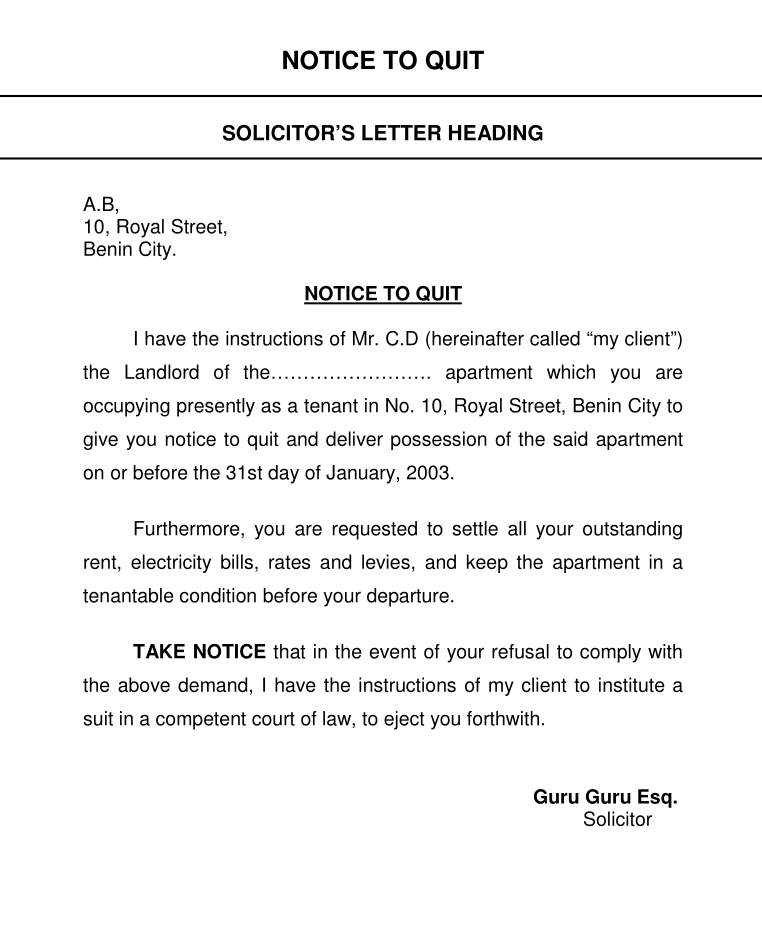 formal notice to quit letter sample