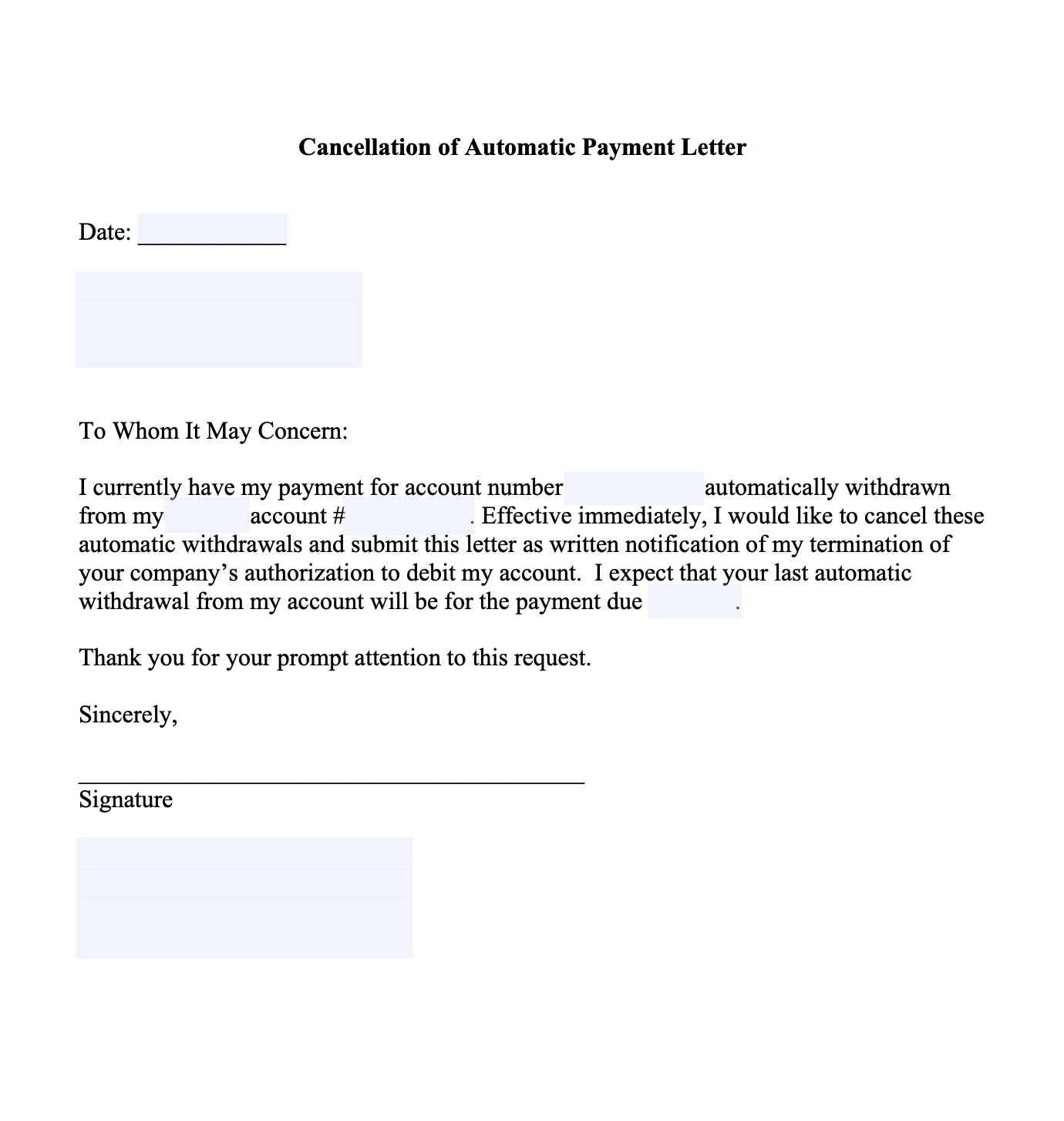 insurance cancellation of automatic payment letter