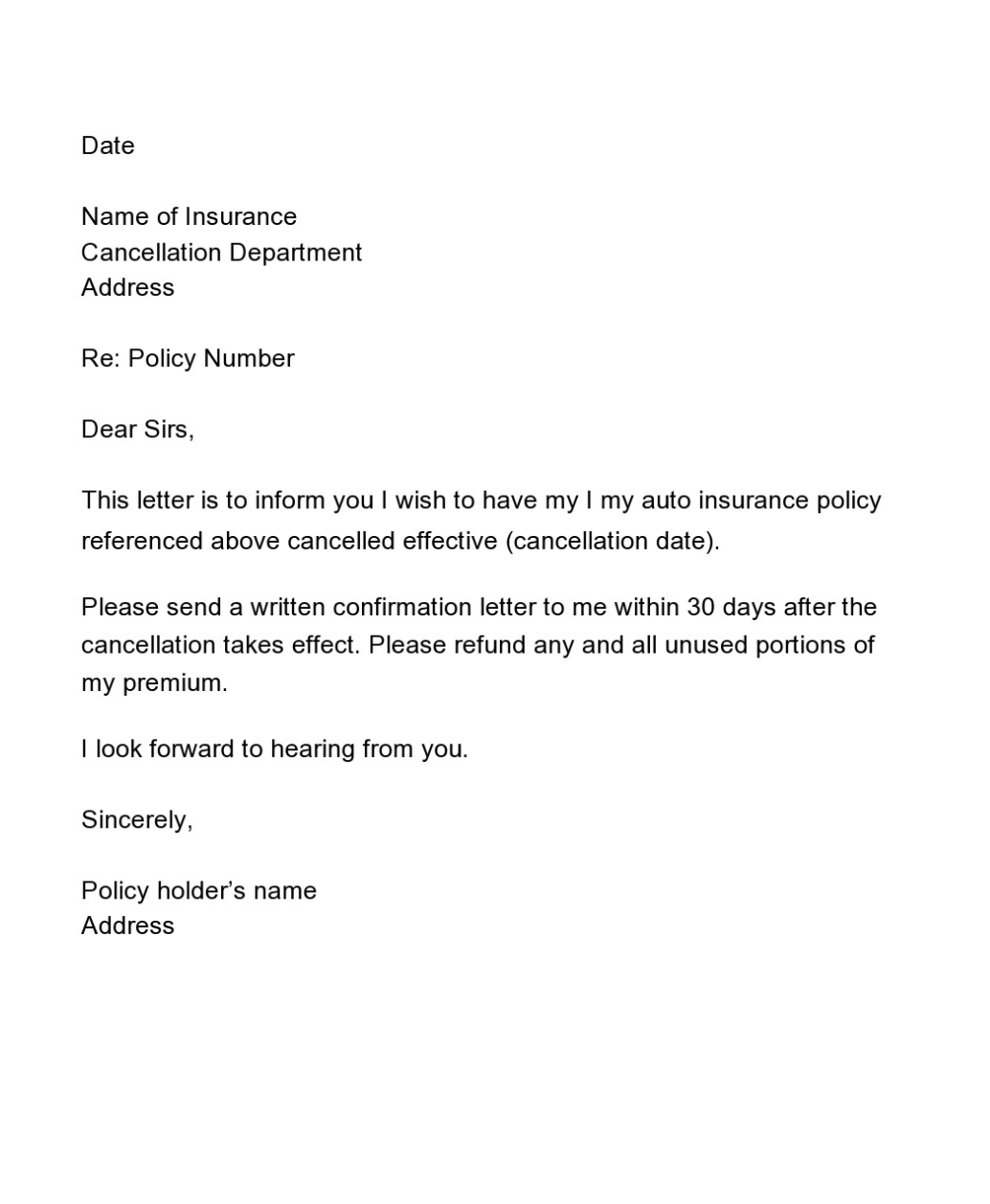 insurance policy cancellation letter template