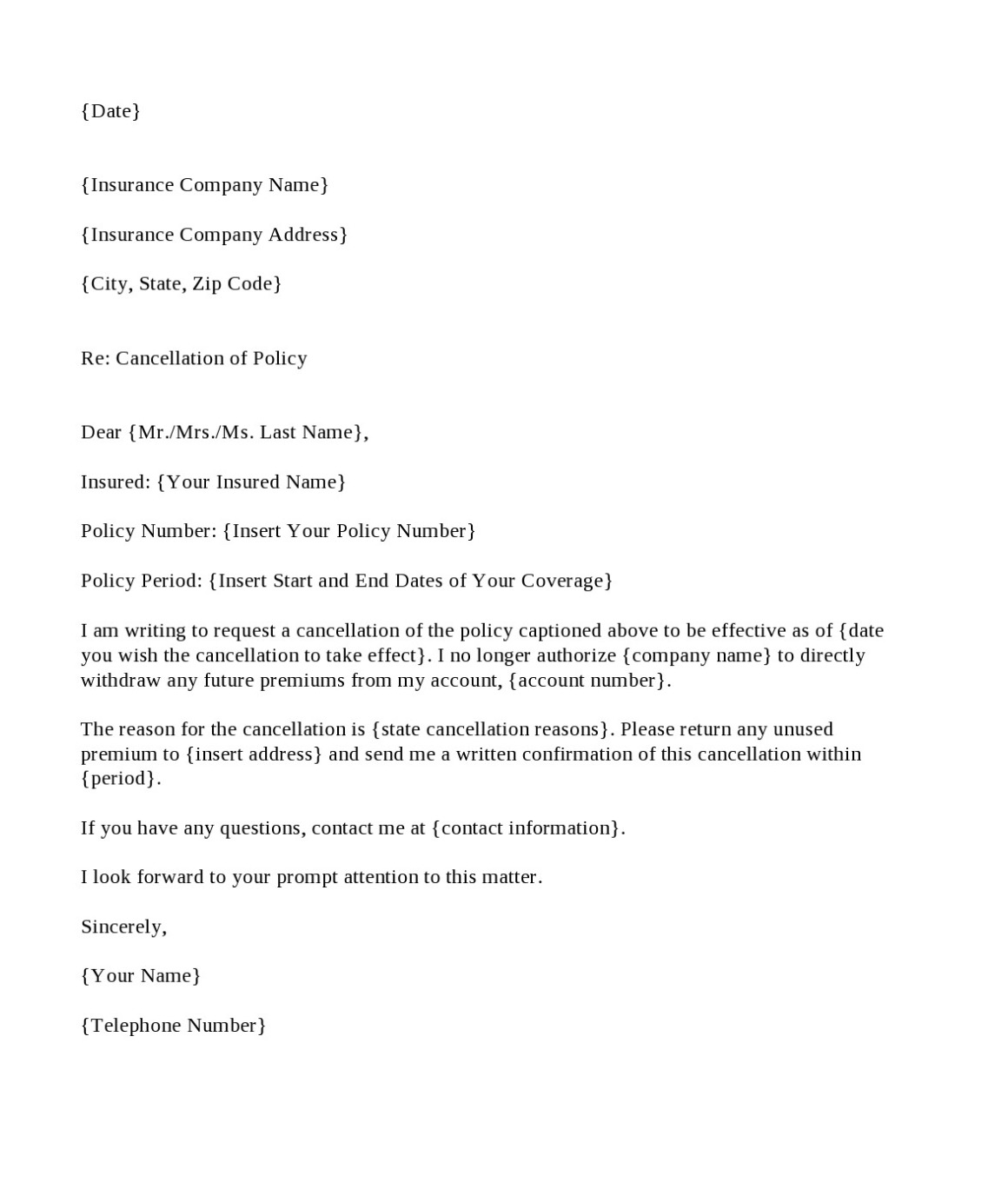 insurance request cancellation letter template