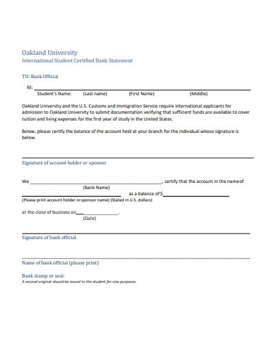 international student certified bank statement template