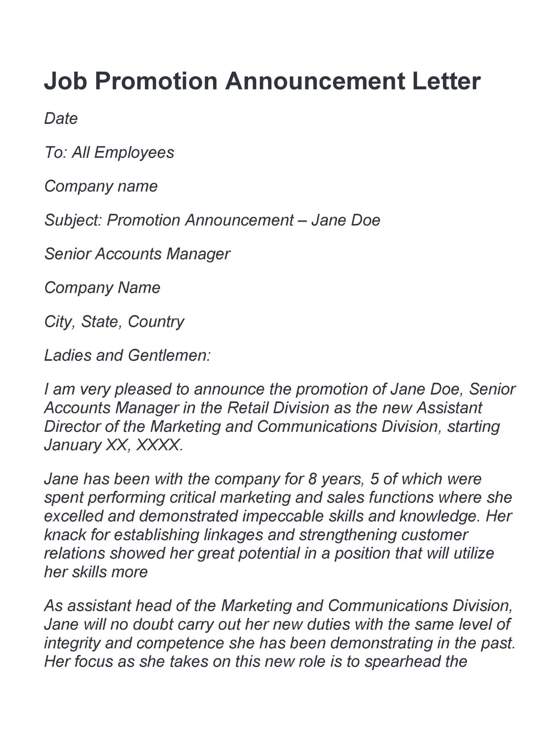 job promotion announcement letter template