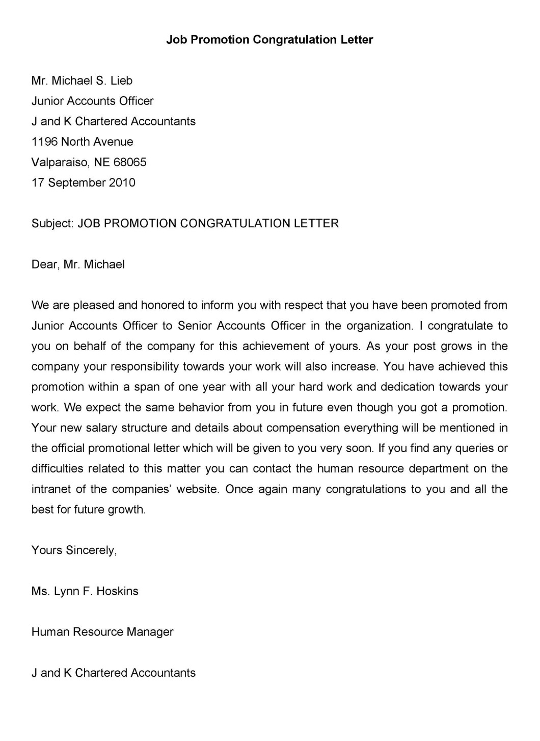 job promotion congratulation letter sample