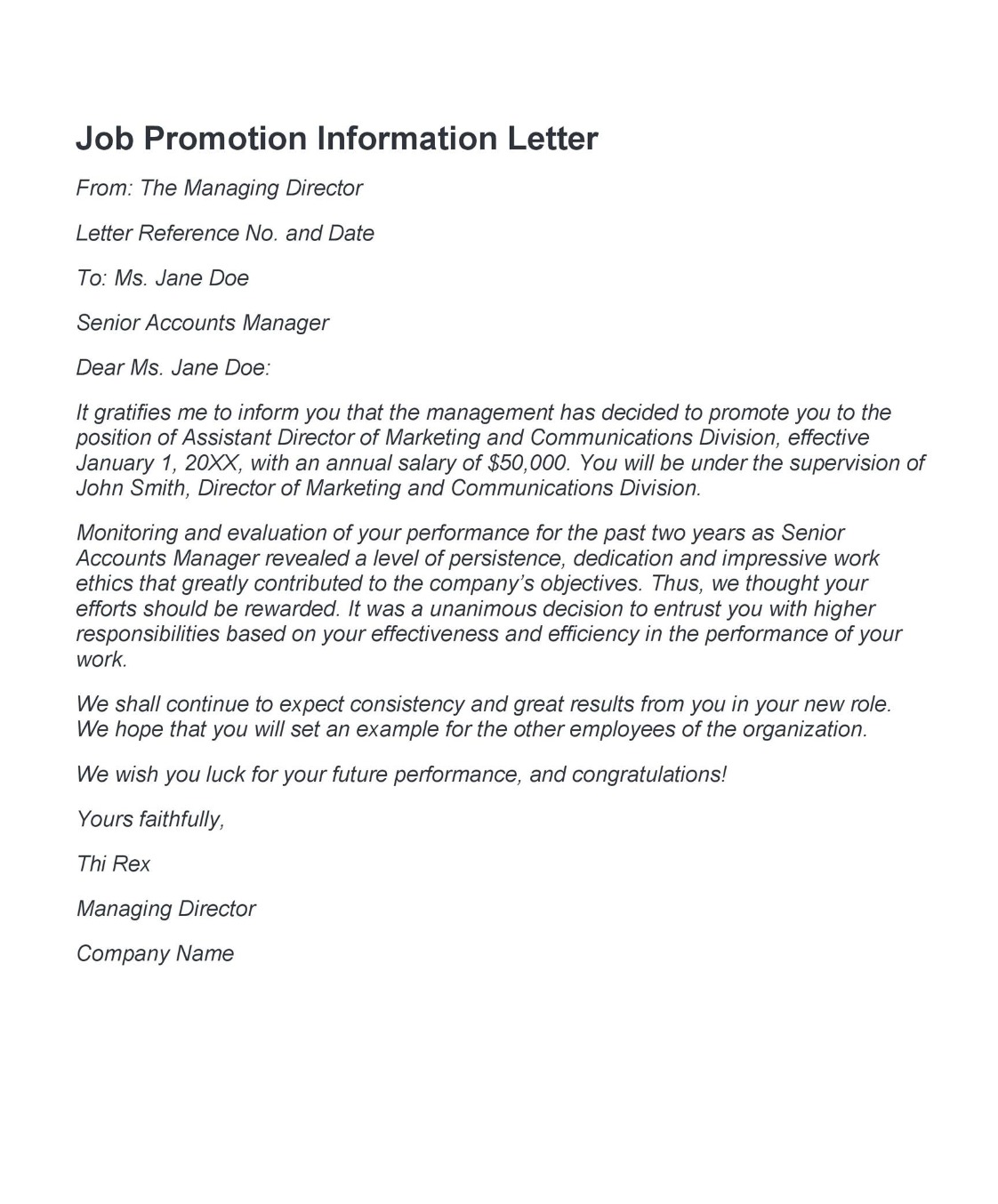 job promotion information letter template