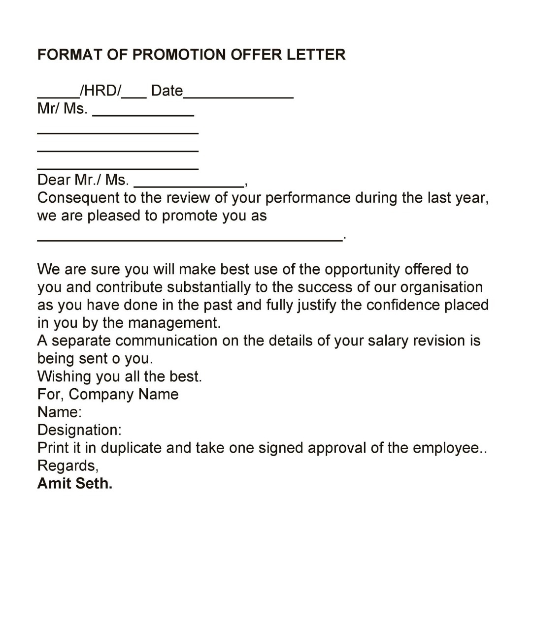 job promotion letter format