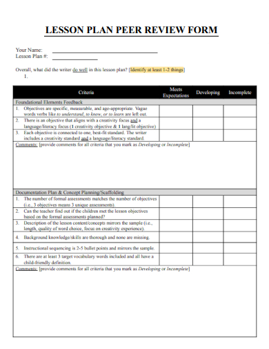 lesson plan peer review form template