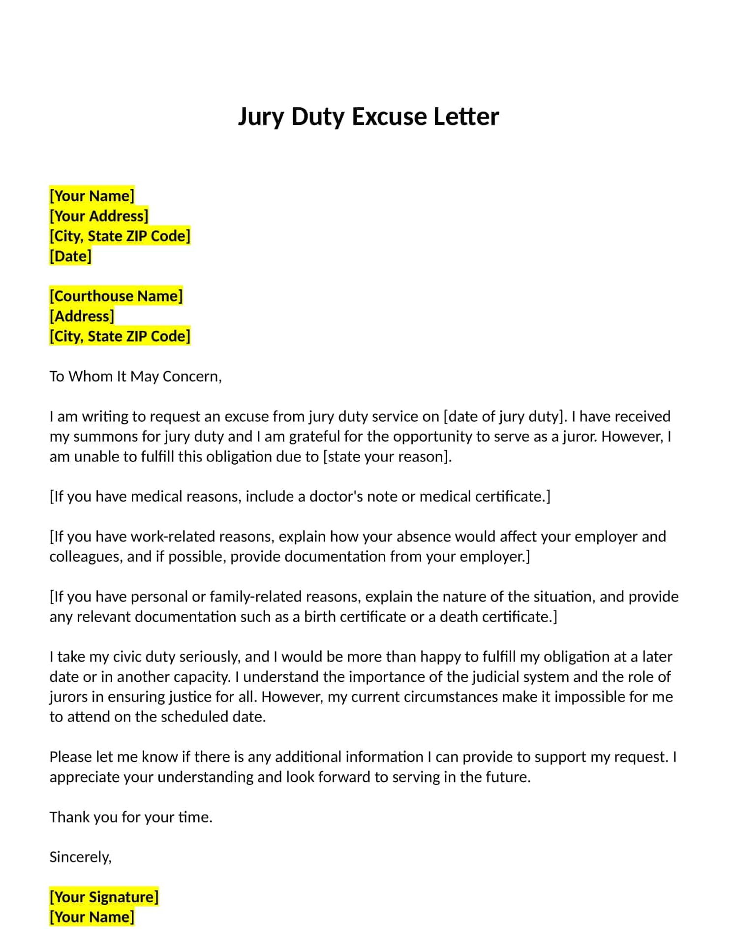 letter for jury duty excuse template