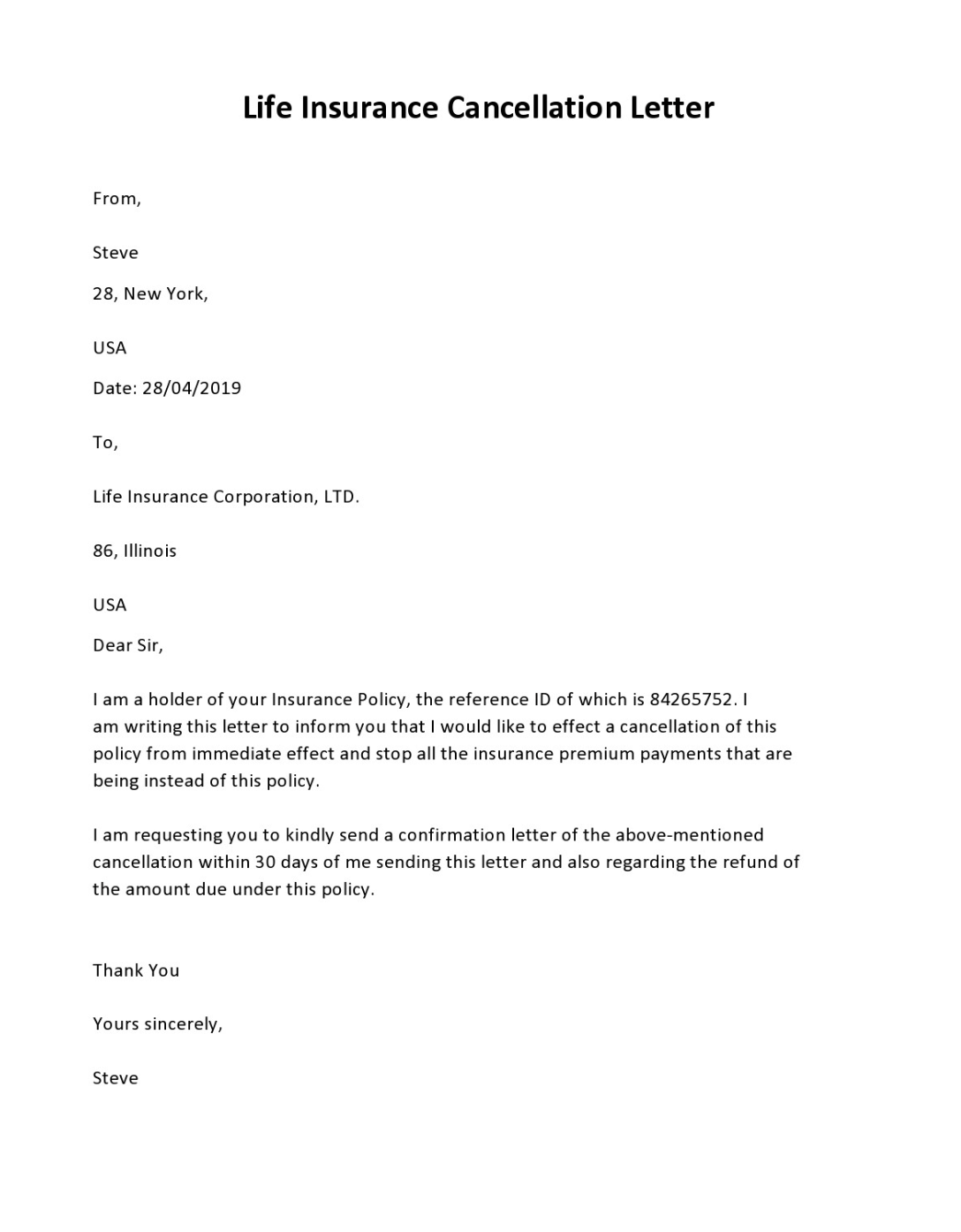 life insurance cancellation letter template