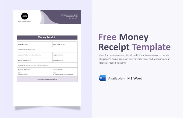 money receipt format in word