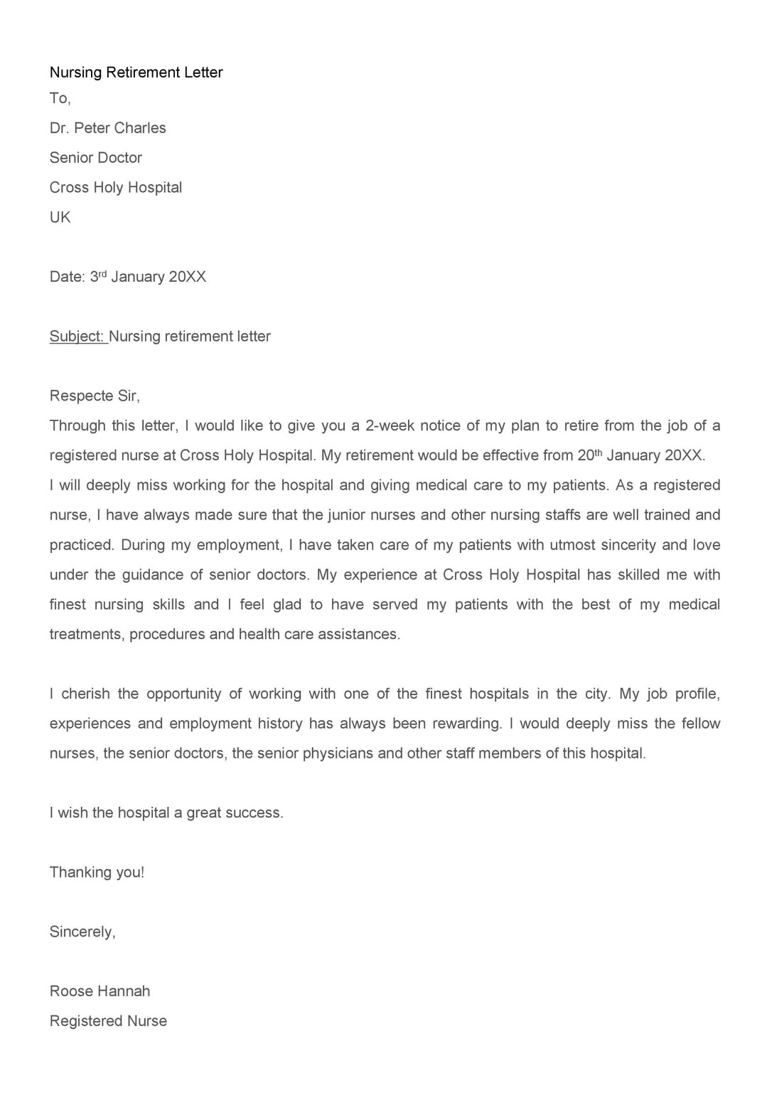 nursing retirement announcement letter sample