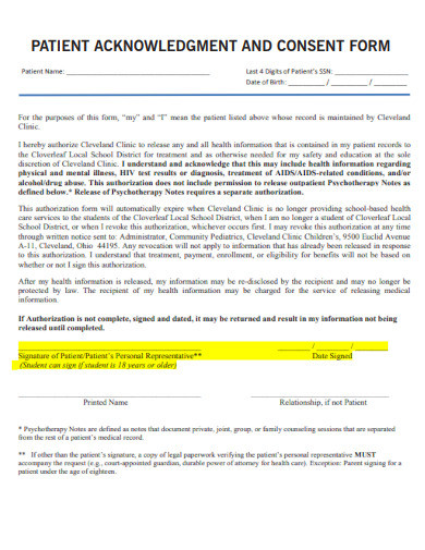 patient acknowledgment consent form template