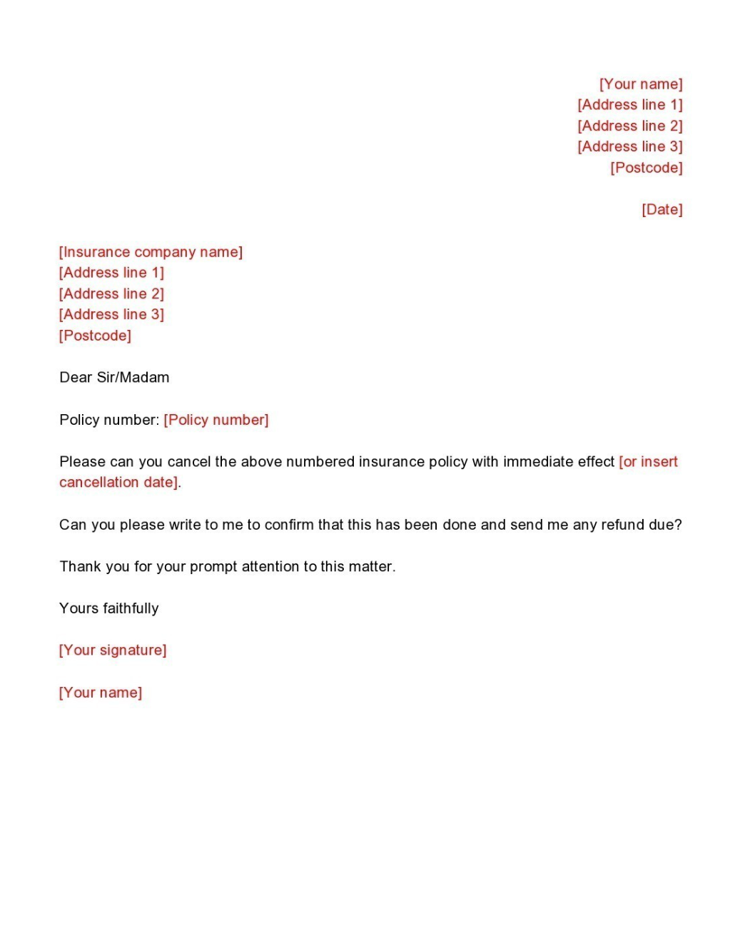 refund insurance cancellation letter template