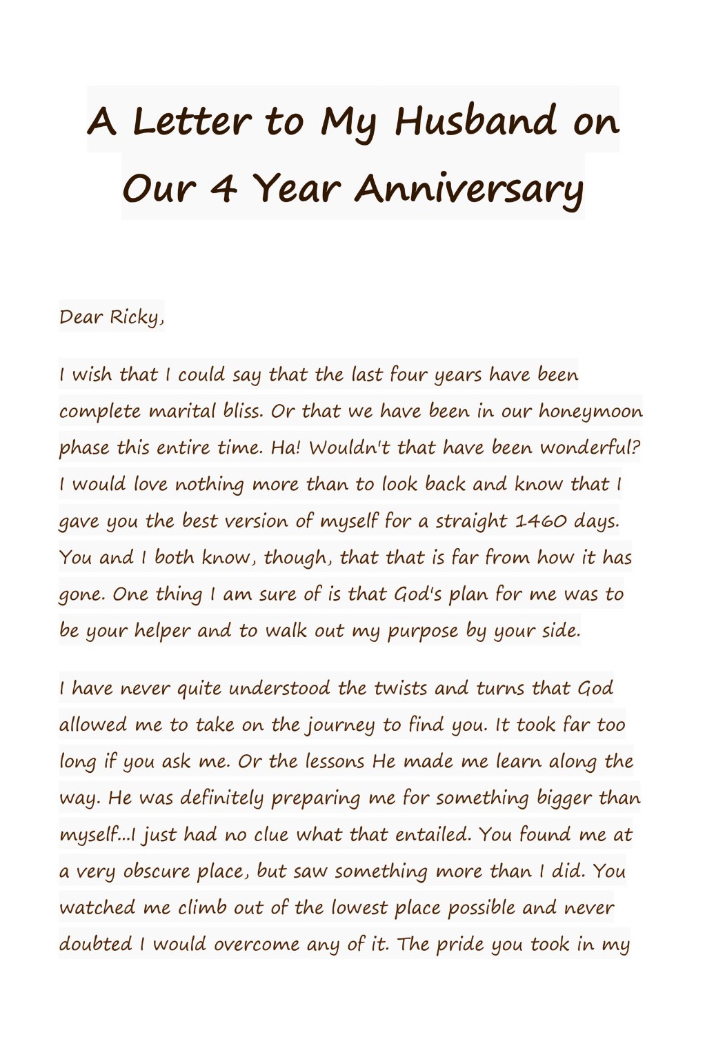 sample 4 year anniversary letter template