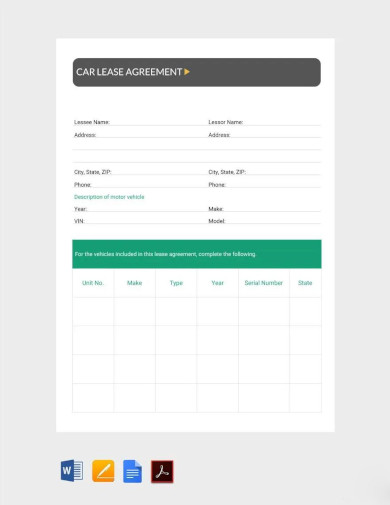 sample car lease agreement template
