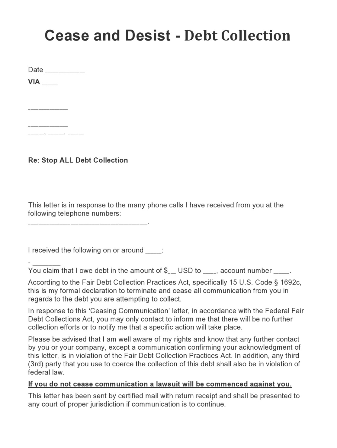 sample cease and desist letter for debt collection