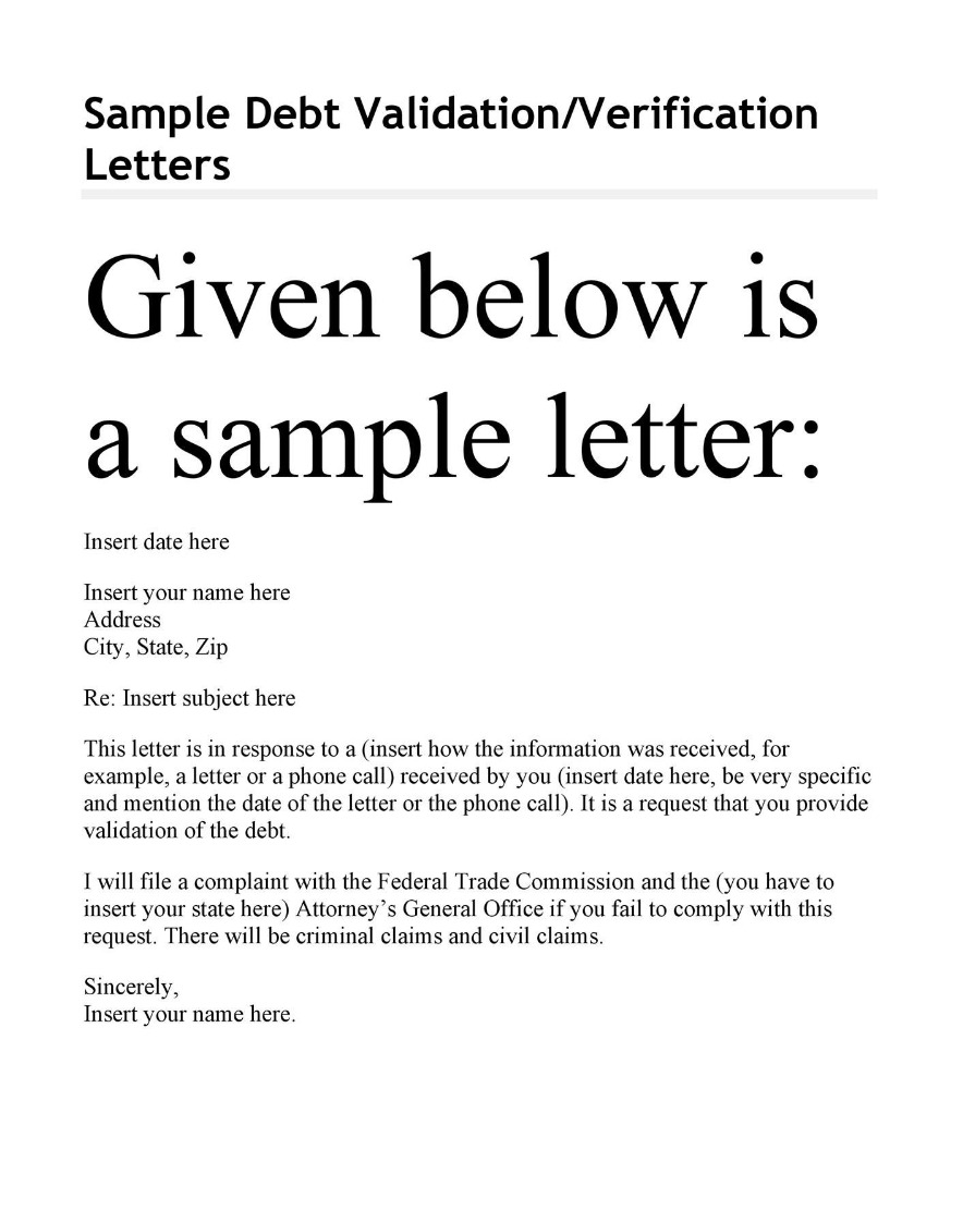 sample debt validationverification letter