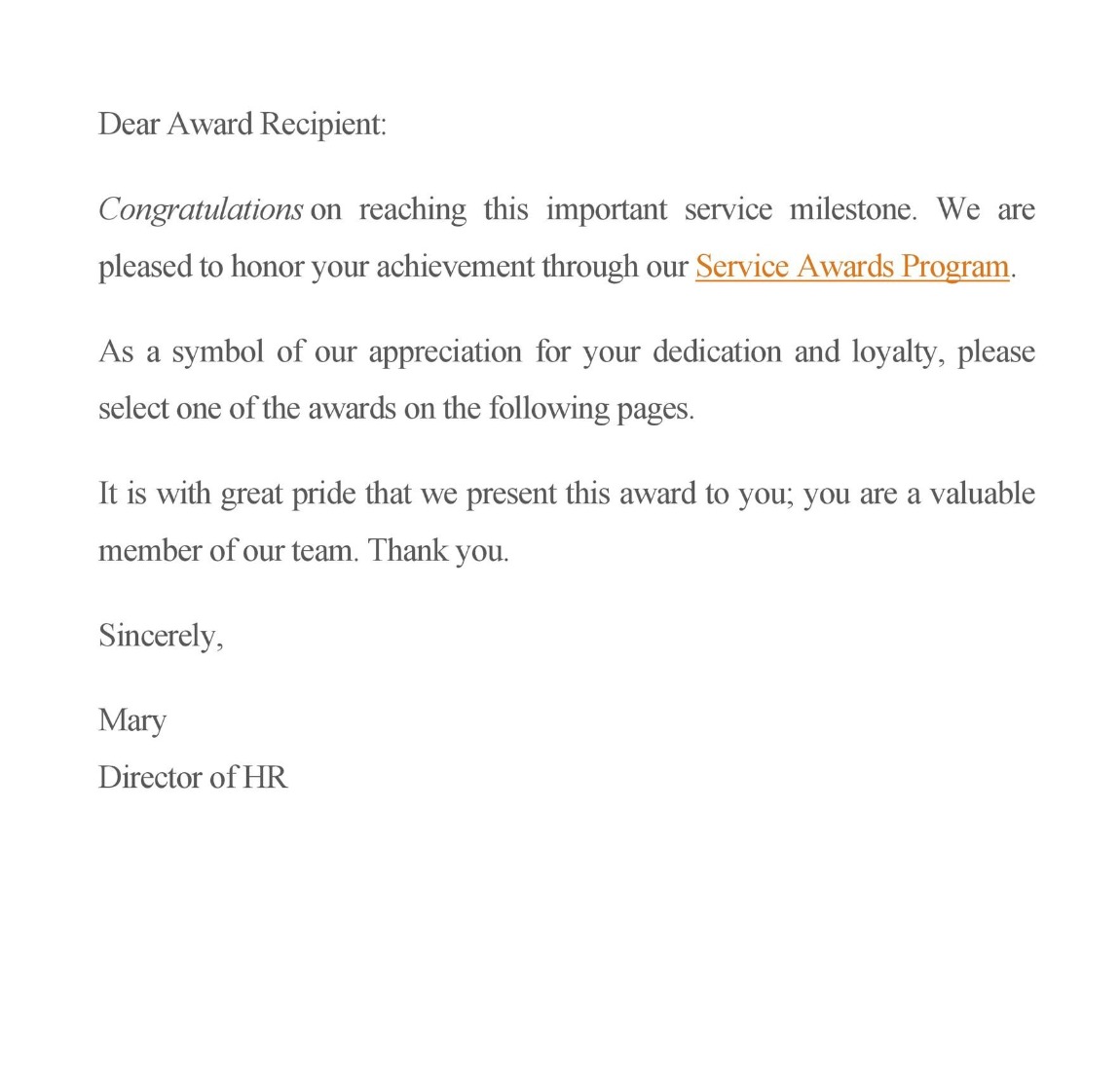 sample employee recognition award letter