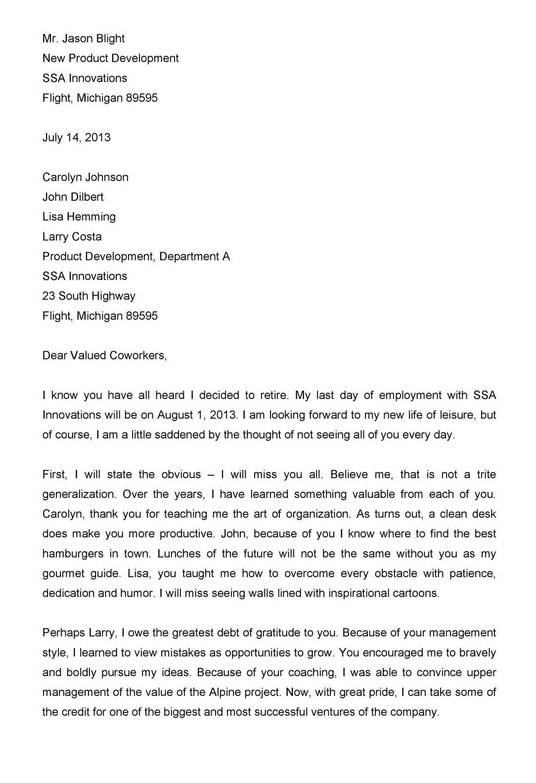 sample employee retirement announcement letter template