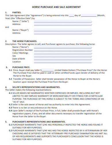 sample horse purchase and sale agreement template