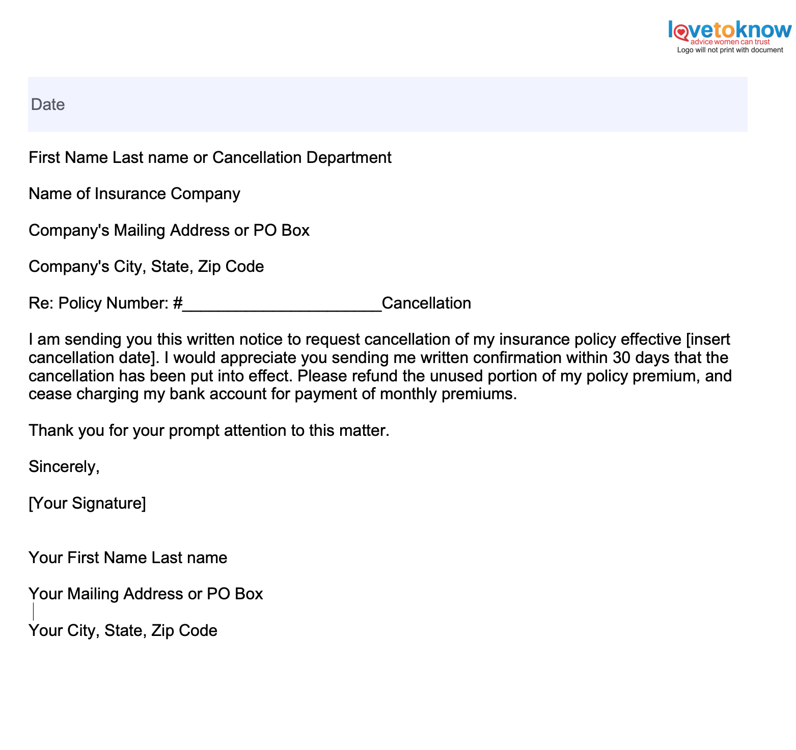 sample insurance cancellation letter template