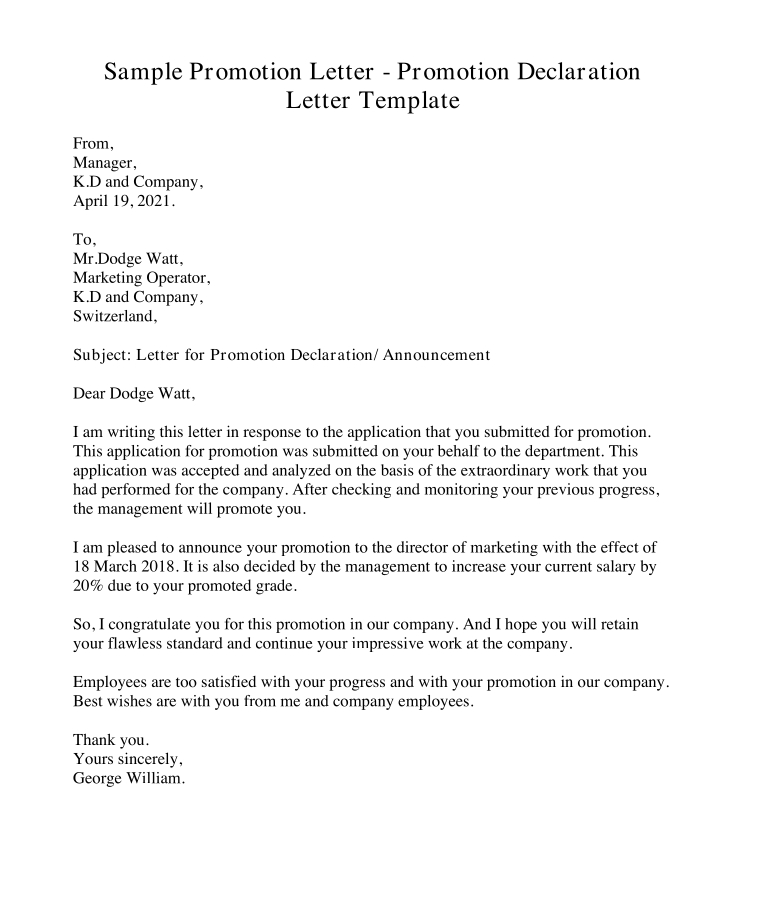 sample job promotion declaration letter