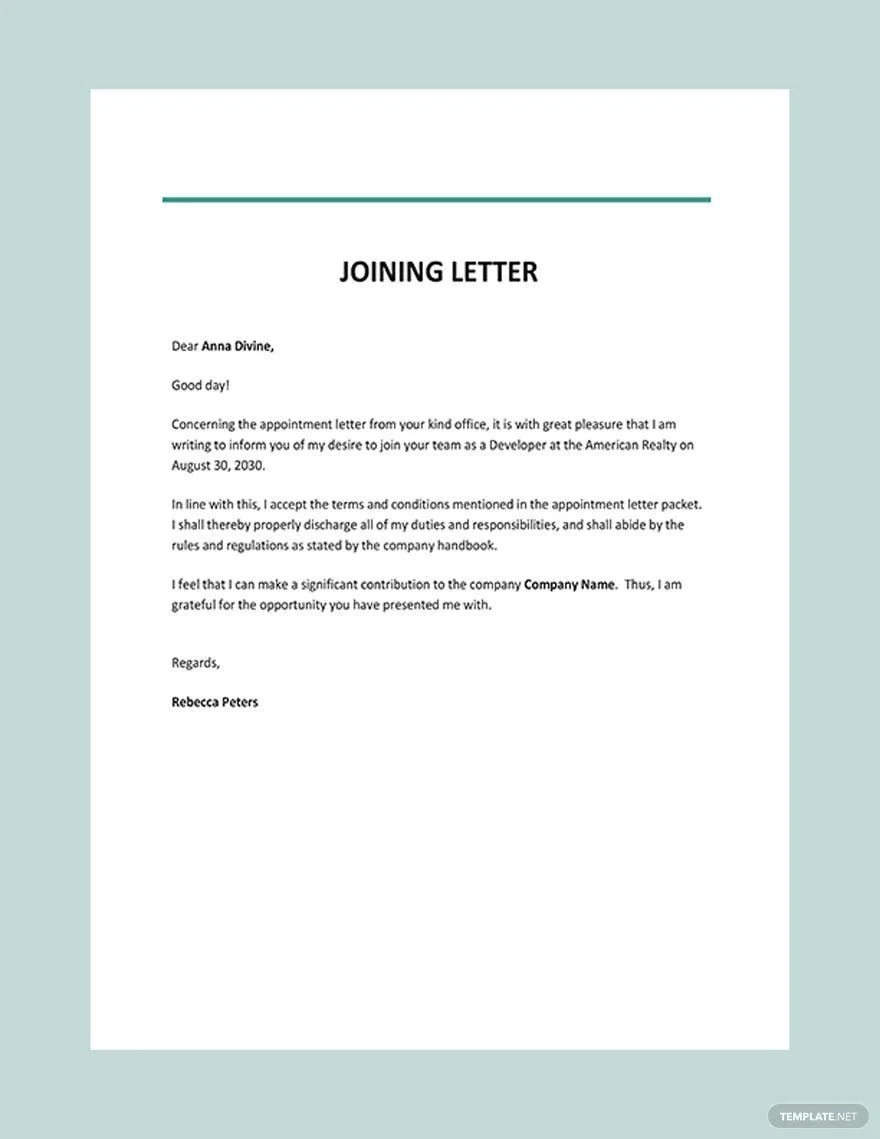 FREE 10 Joining Letter Samples In MS Word Google Docs PDF Job Joining 