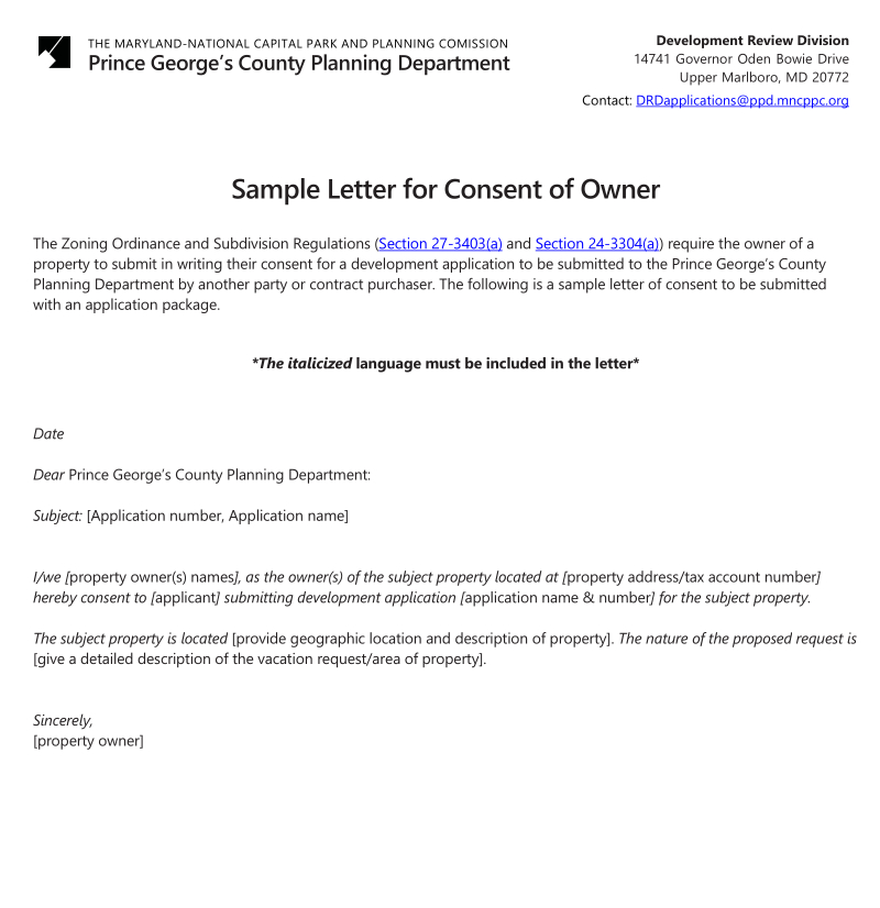 sample letter for consent of owner template