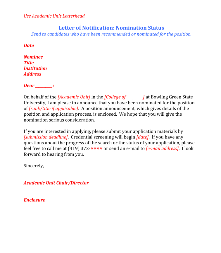 sample letter of notification for nomination