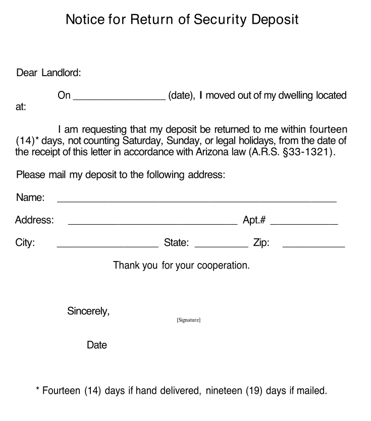 sample notice for return of security deposit letter