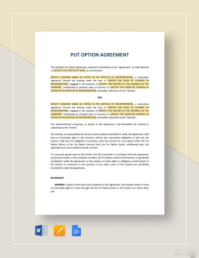 sample put option agreement template