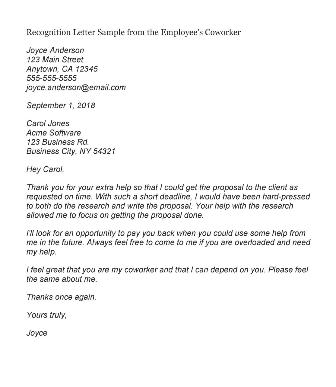 sample recognition letter form employee