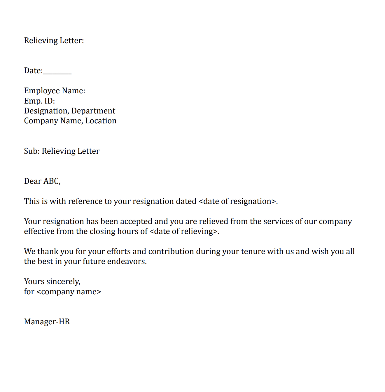 sample relieving letter
