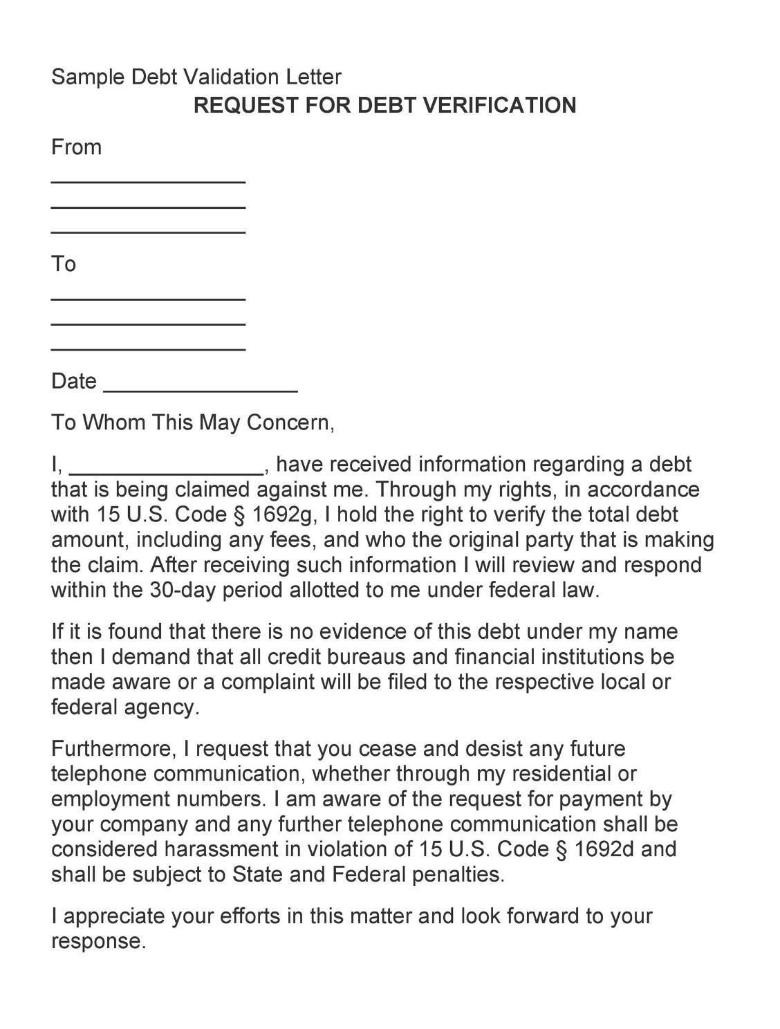 sample request for debt verification letter